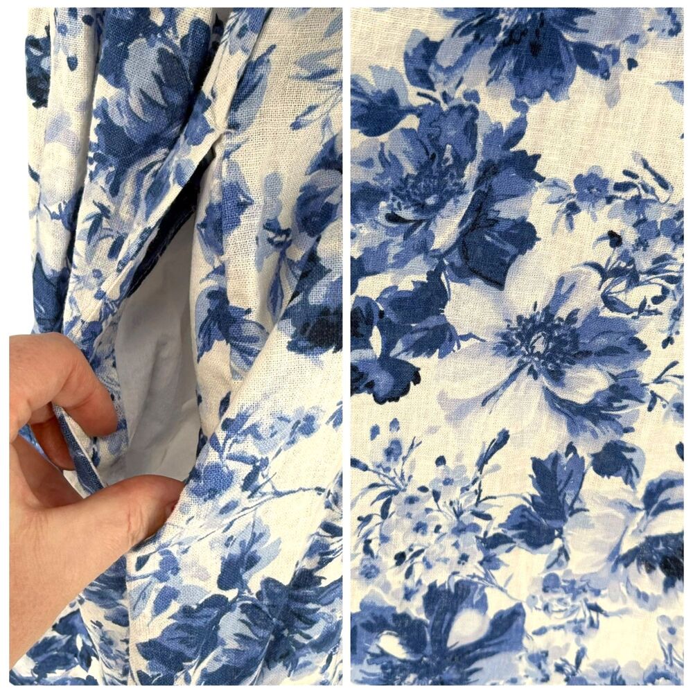 Abercrombie Emerson Mini Dress LP Petite Blue Floral Puff Sleeve Linen Pockets - Picture 6 of 13